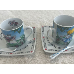 2010 Alice In Wonderland Tea Party 2 Teacups, Saucers, Spoons By Paul Cardew